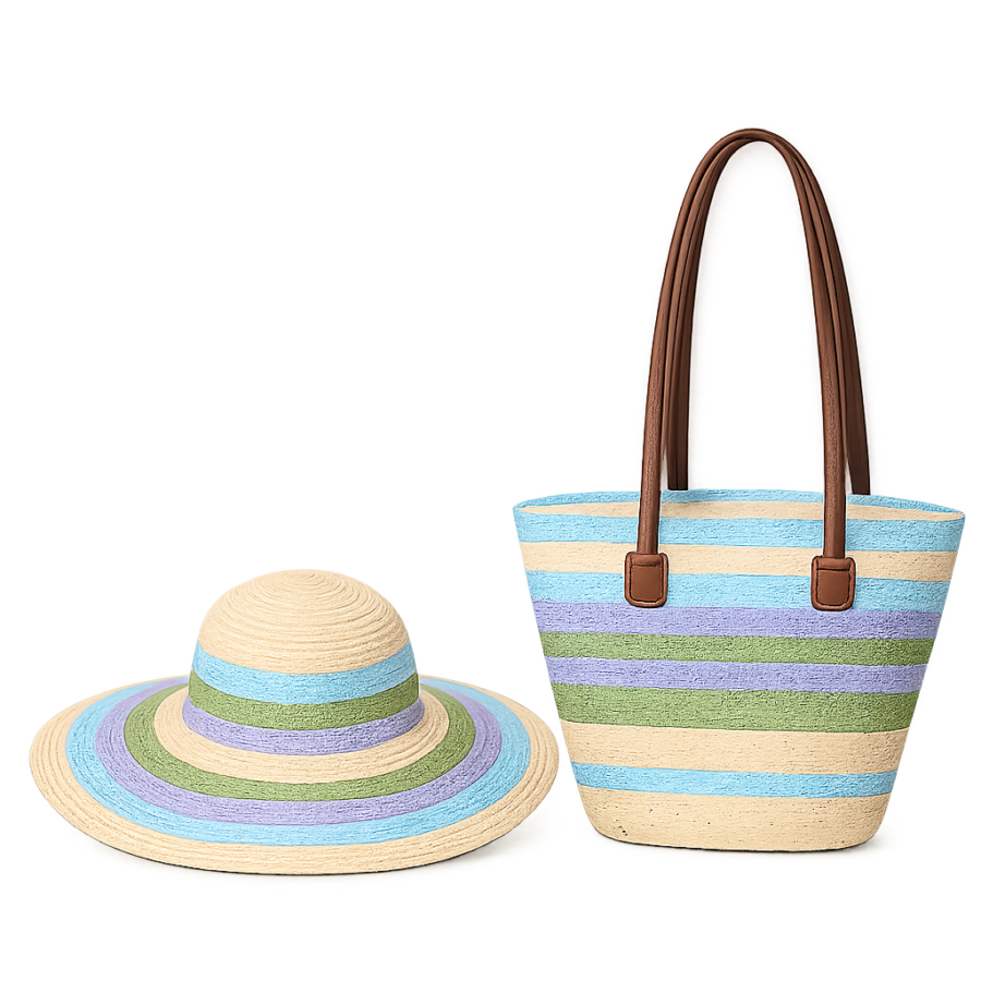 Striped Woven Hat & Bag Set