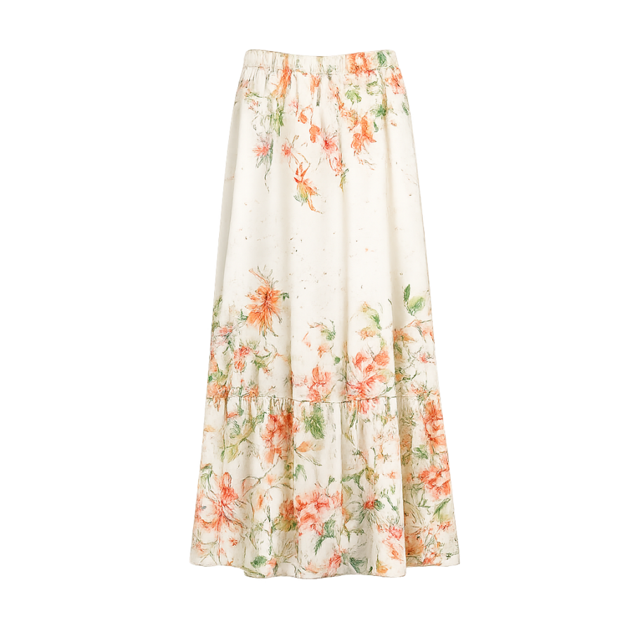 Orange Floral Border Print Midi Skirt