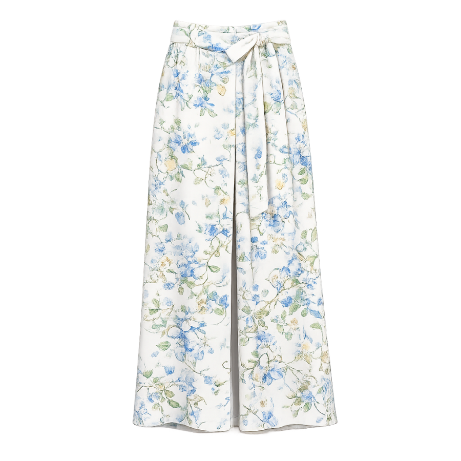 Blue Floral Print Wide-Leg Pants