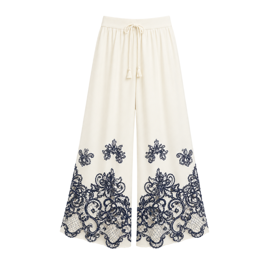 Embroidered Hem Wide-Leg Pants