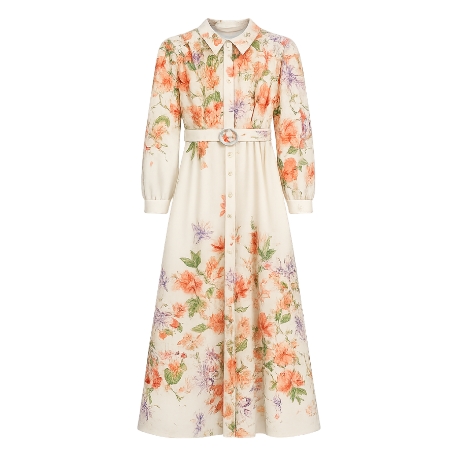 Floral Print Long-Sleeve Midi Dress